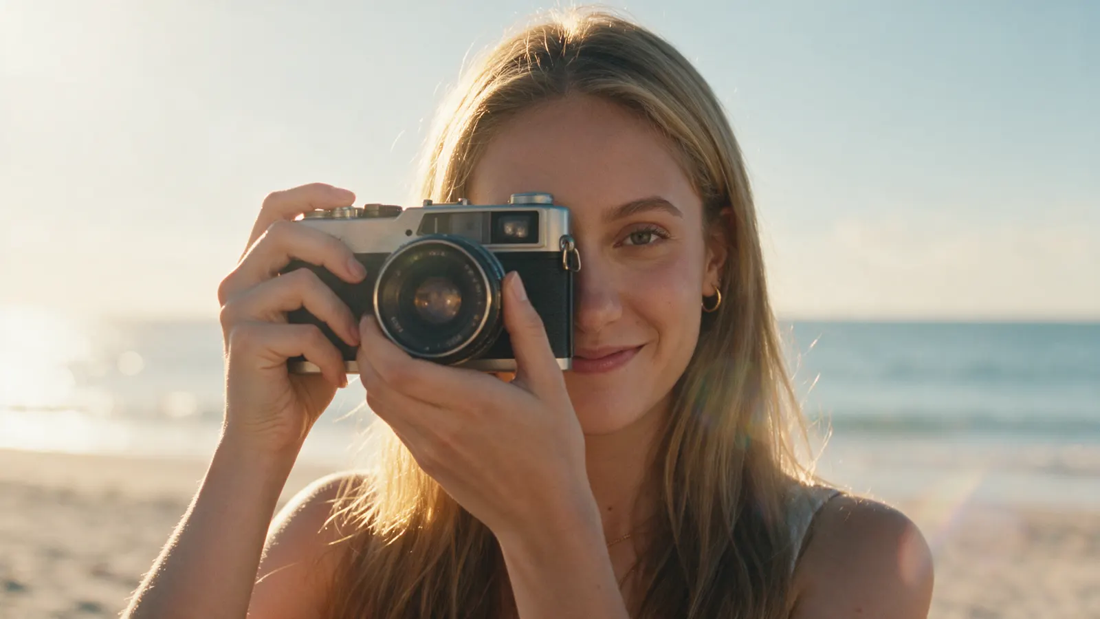 Chiara raising a film camera to her eye at golden hour