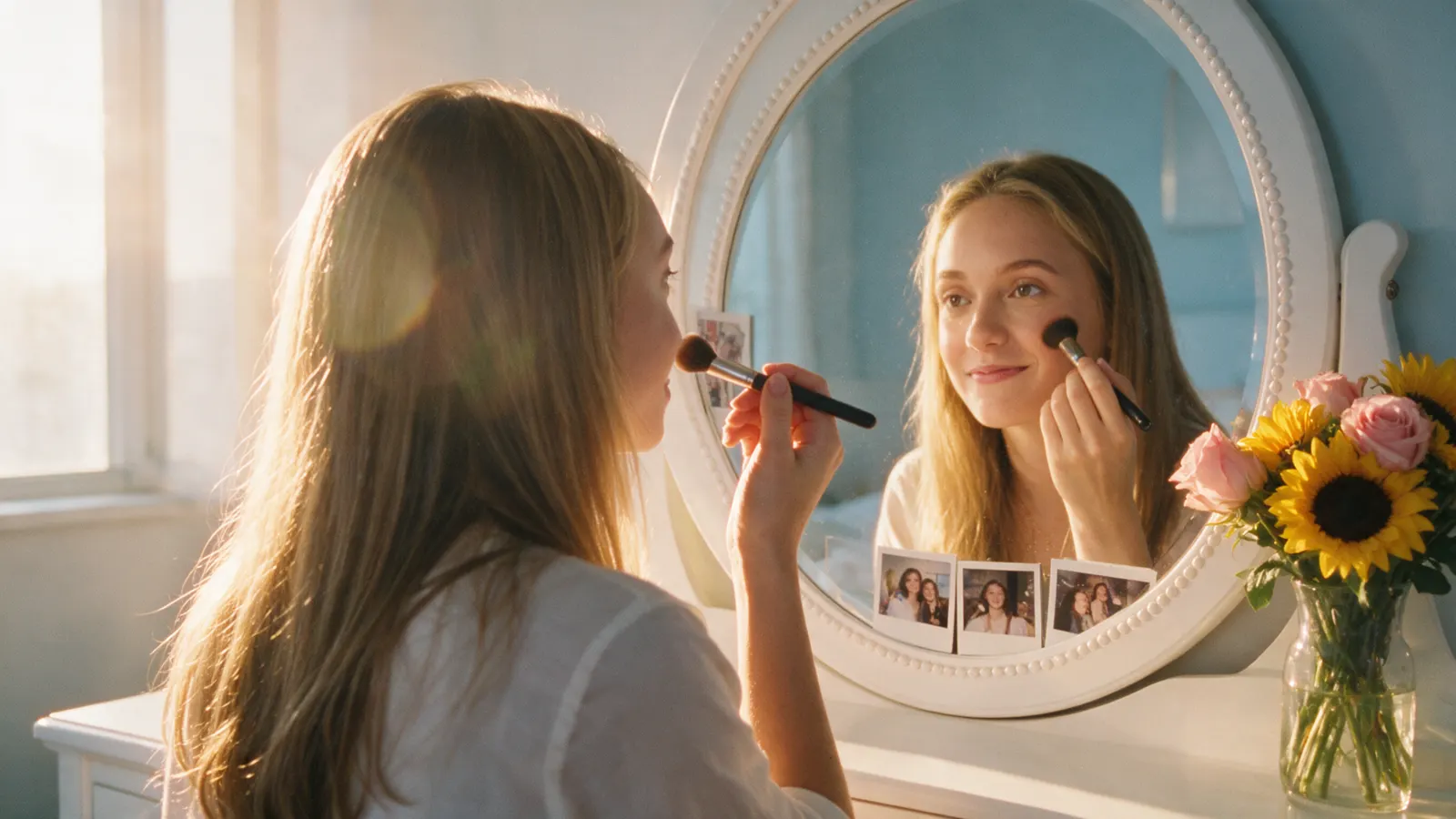 Chiara doing her makeup at a round mirror with sunflowers