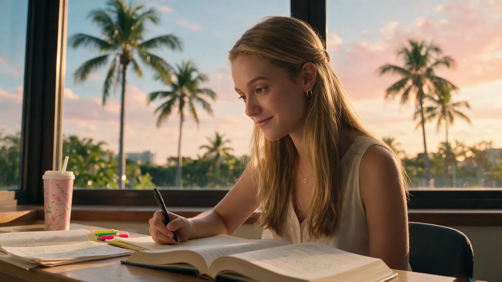 Chiara studying psychology by the window at sunset